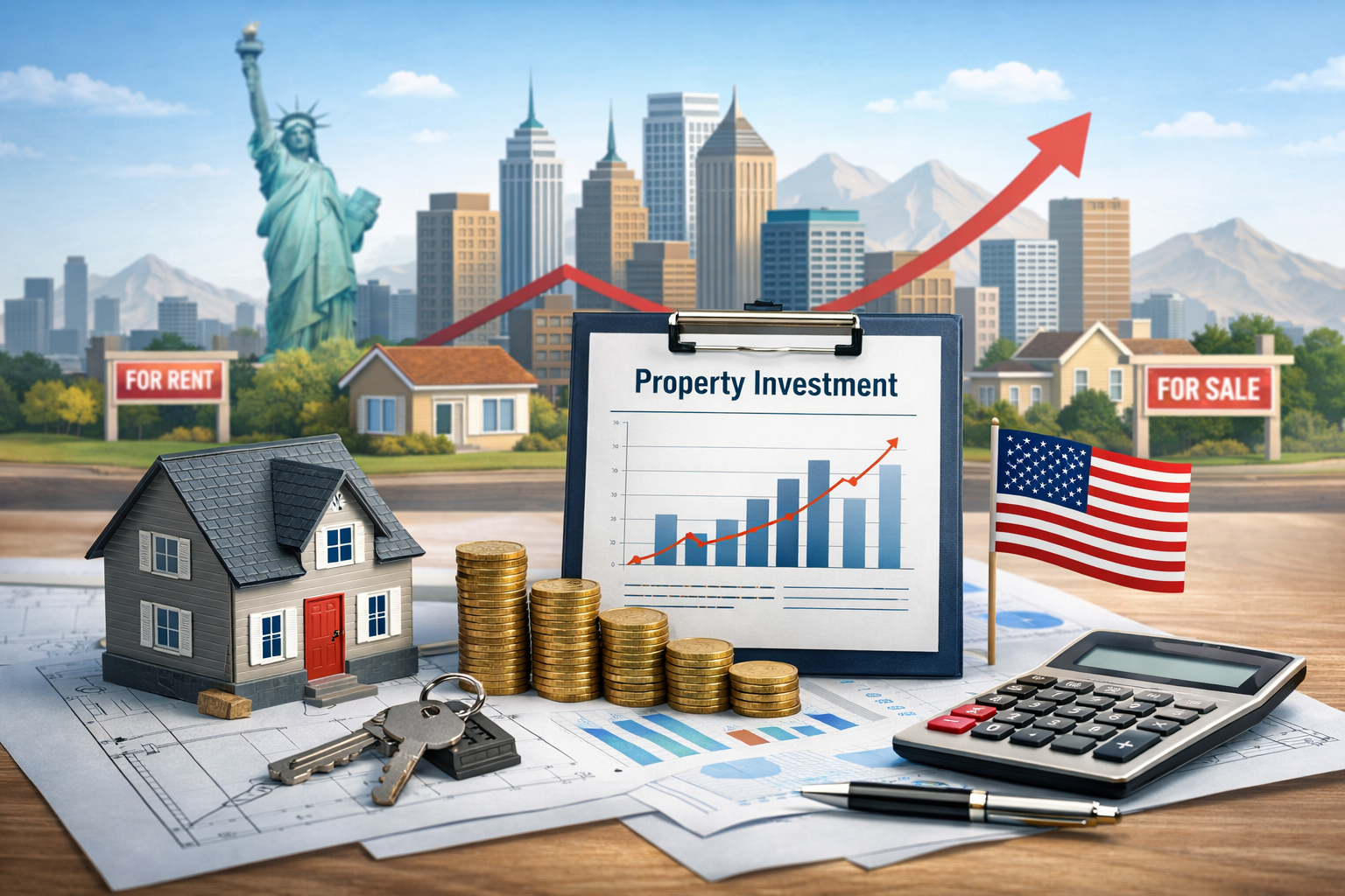 Investing in property in the United States showing real estate, financial charts, and housing investment concepts