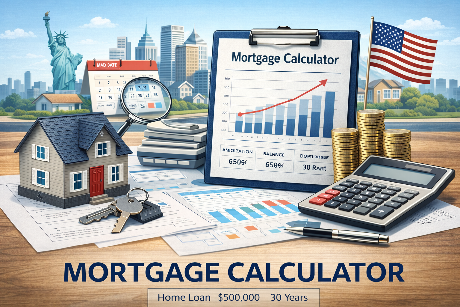 Mortgage calculator showing monthly payment estimate and amortization-style payoff timeline for a home loan in the United States