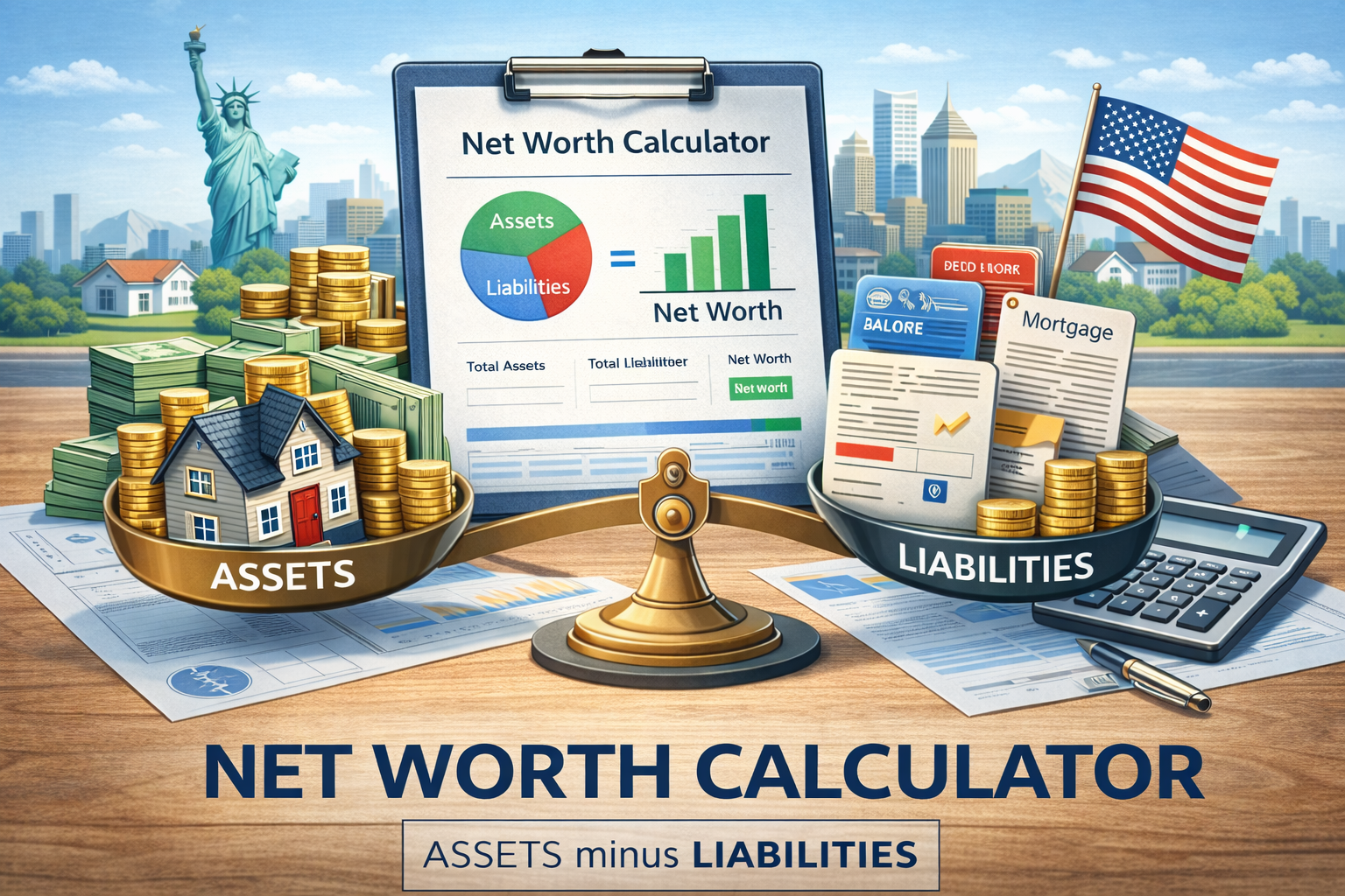 Net worth calculator showing assets and liabilities totals for a personal finance balance sheet in the United States