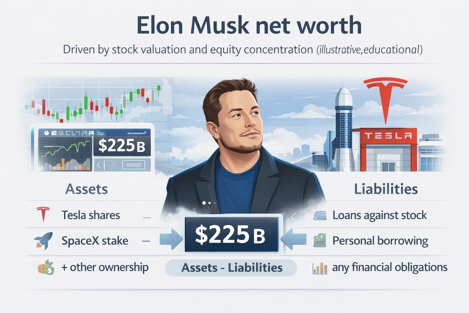 Elon Musk net worth breakdown showing assets minus liabilities and stock-driven valuation