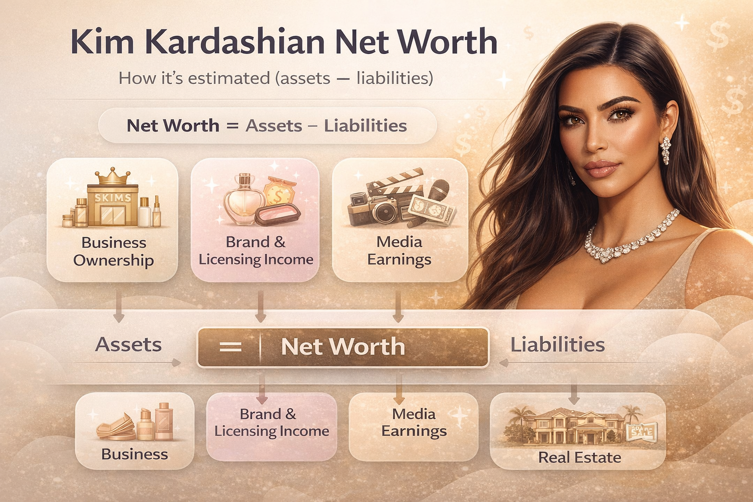 Kim Kardashian net worth concept showing business ownership, brand income, real estate, and assets minus liabilities
