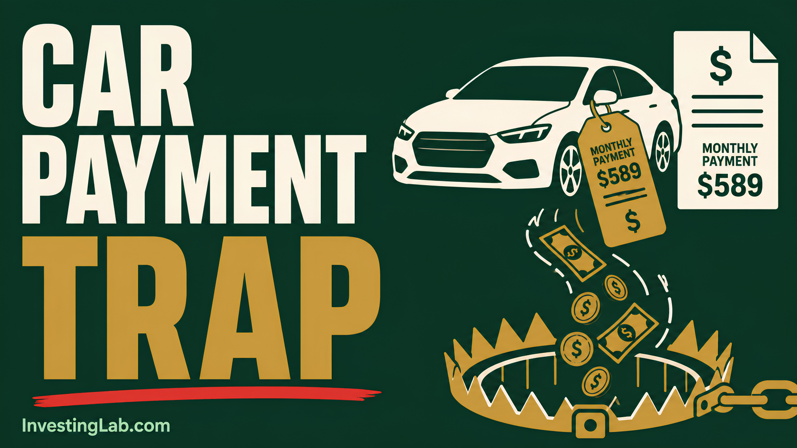 Car payment trap showing a vehicle, monthly payment, and money falling into a financial trap