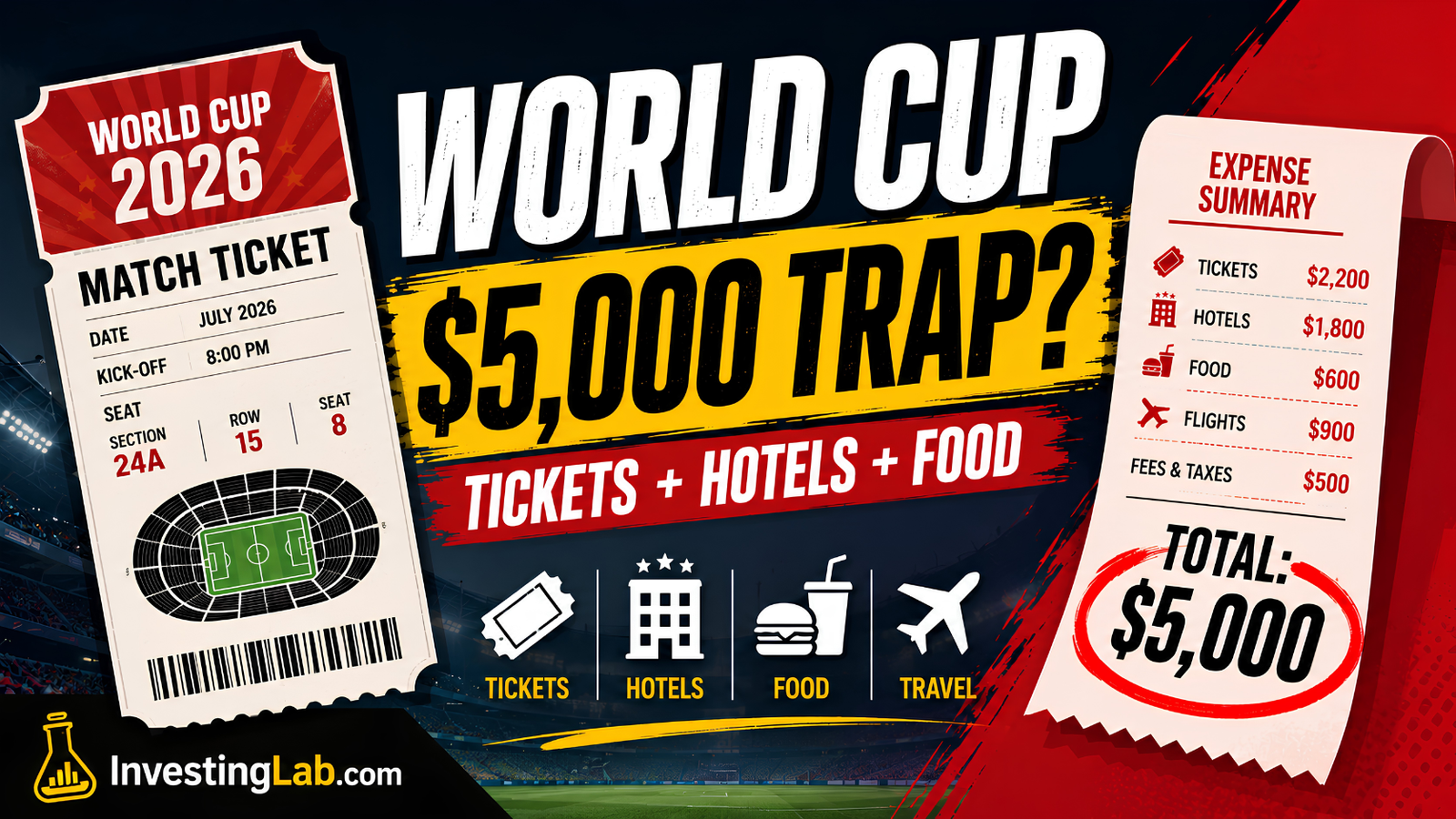 FIFA World Cup 2026 money trap showing tickets hotels food flights and a five thousand dollar total cost